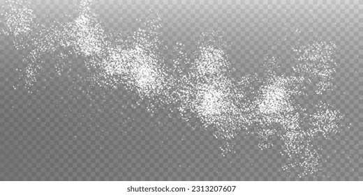 White scattering of small particles of sugar crystals, flying salt, top view of baking flour. White powder, powdered sugar explosion isolated on transparent light background. Vector illustration.