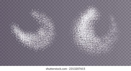 White scattering of small particles of sugar crystals, flying salt, top view of baking flour. White powder, powdered sugar explosion isolated on transparent light background. Vector illustration.