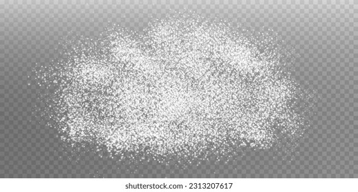 White scattering of small particles of sugar crystals, flying salt, top view of baking flour. White powder, powdered sugar explosion isolated on transparent light background. Vector illustration.