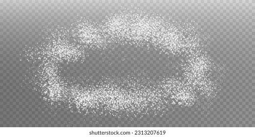 White scattering of small particles of sugar crystals, flying salt, top view of baking flour. White powder, powdered sugar explosion isolated on transparent light background. Vector illustration.