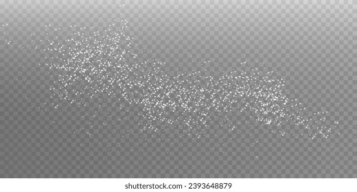 White scattering of small particles of sugar crystals, flying salt, top view of baking flour. White powder, powdered sugar explosion isolated on transparent light background. Vector illustration.	