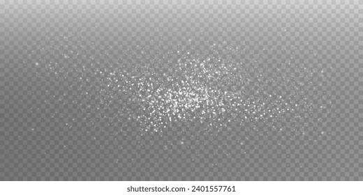 White scattering of small particles of sugar crystals, flying salt, top view of baking flour. White powder, powdered sugar explosion isolated on transparent light background. Vector illustration.