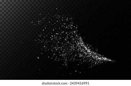 White scattering of small particles of sugar crystals, flying salt, top view of baking flour. White powder, explosion of powdered sugar isolated on dark background. Vector illustration.	