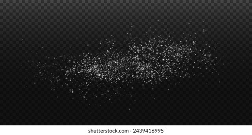 White scattering of small particles of sugar crystals, flying salt, top view of baking flour. White powder, explosion of powdered sugar isolated on dark background. Vector illustration.	
