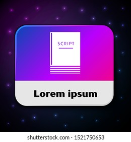 White Scenario icon isolated on black background. Script reading concept for art project, films, theaters. Rectangle color button. Vector Illustration