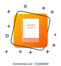 White Scenario icon isolated on white background. Script reading concept for art project, films, theaters. Orange square button. Vector Illustration