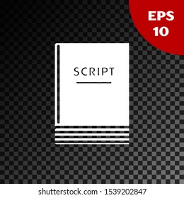 White Scenario icon isolated on transparent dark background. Script reading concept for art project, films, theaters.  Vector Illustration