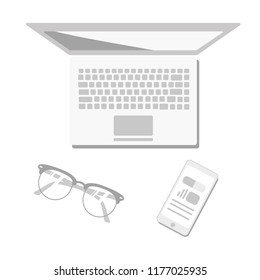 white scene abstract laptop camera glasses pen smart phone 3d rendering technology concept