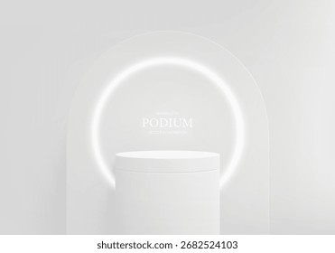 Escena blanca con podio circular y anillo de neón brillante. Espacio vacío para el producto cosmético. Mínima pantalla de maqueta con pedestal. Antecedentes Abstractas. Ilustración vectorial realista