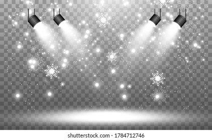 Escena blanca encendida con focos. Ilustración vectorial.