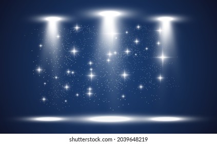 Escena blanca encendida con focos. Ilustración vectorial.	