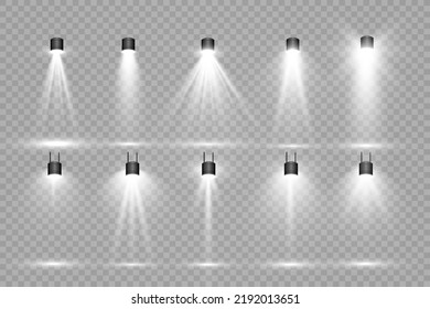 Escena blanca encendida con focos. Ilustración vectorial.	
