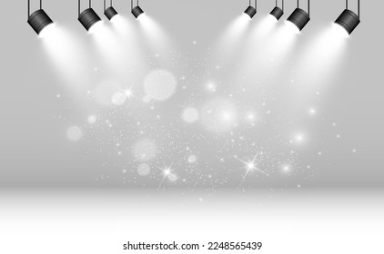 Escena blanca encendida con focos. Ilustración vectorial.	