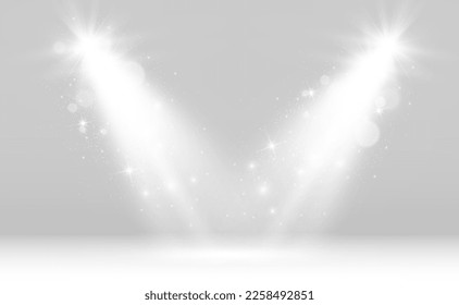 Escena blanca encendida con focos. Ilustración vectorial.	