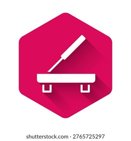 White Scented spa stick on a wooden stand icon isolated with long shadow. Incense stick. Cosmetic procedure aromatherapy. Pink hexagon button. Vector