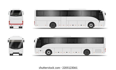 White scheduled bus front back side view set realistic vector illustration. Urban intercity public transport for passenger transportation. Express municipal vehicle city travel with wheels and windows