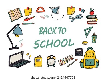 White school background with frame of school supplies, study items, banner back to school. Vector doodle illustration for banners, web design, flyers, social media design