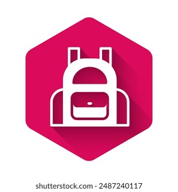 White School backpack icon isolated with long shadow background. Pink hexagon button. Vector
