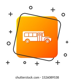 White School Bus icon isolated on white background. Public transportation symbol. Orange square button. Vector Illustration