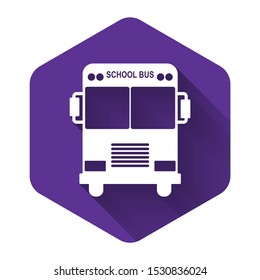 White School Bus icon isolated with long shadow. Purple hexagon button. Vector Illustration