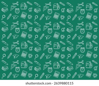 White school supplies pattern on a green background