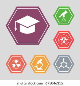 White science vector icons - molecule, hat, microscope. Knowledge design icon, vector illustration