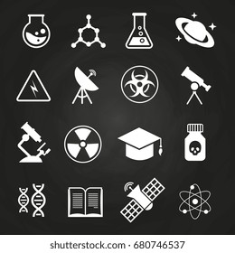 White science vector icons on chalkboard. Education school icon illustration