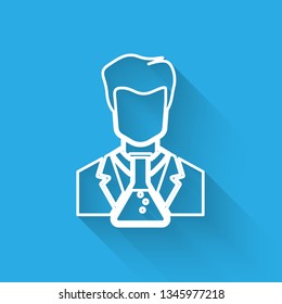White Scientist and test tube icon isolated with long shadow. Scientist chemist analyzes laboratory flask. Vector Illustration