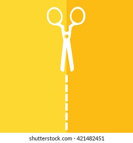White scissors cut icon vector. Yellow background