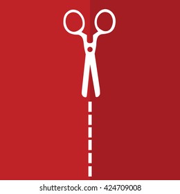 White scissors cut icon vector. Red background