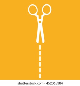 White scissors cut icon vector. Yellow background