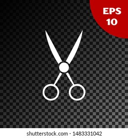 White Scissors hairdresser icon isolated on transparent dark background. Hairdresser, fashion salon and barber sign. Barbershop symbol.  Vector Illustration