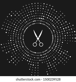 White Scissors hairdresser icon isolated on grey background. Hairdresser, fashion salon and barber sign. Barbershop symbol. Abstract circle random dots. Vector Illustration