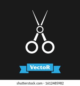 White Scissors hairdresser icon isolated on black background. Hairdresser, fashion salon and barber sign. Barbershop symbol.  Vector Illustration