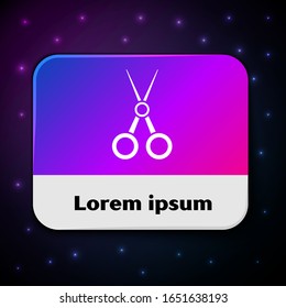 White Scissors hairdresser icon isolated on black background. Hairdresser, fashion salon and barber sign. Barbershop symbol. Rectangle color button. Vector Illustration