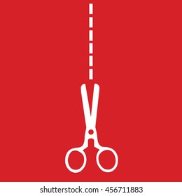 White scissors icon cut vector. Red background