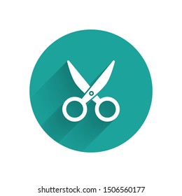 White Scissors icon isolated with long shadow. Cutting tool sign. Green circle button. Vector Illustration
