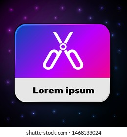 White Scissors icon isolated on black background. Tailor symbol. Cutting tool sign. Rectangle color button. Vector Illustration