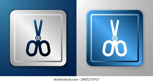 White Scissors icon isolated on blue and grey background. Tailor symbol. Cutting tool sign. Silver and blue square button. Vector