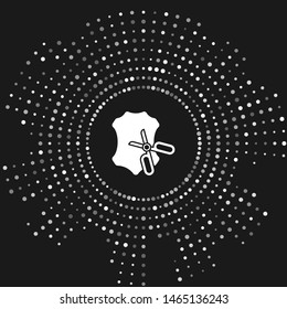 White Scissors and leather icon isolated on grey background. Tailor symbol. Cutting tool sign. Abstract circle random dots. Vector Illustration