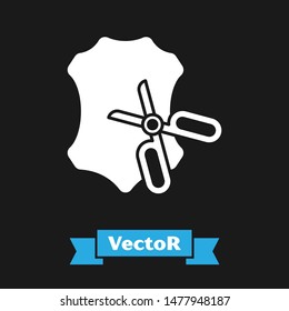 White Scissors and leather icon isolated on black background. Tailor symbol. Cutting tool sign.  Vector Illustration
