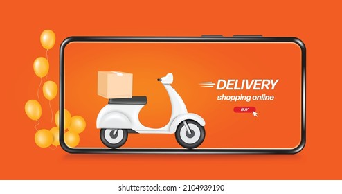 white scooter or motorcycle food delivery parked in front of the smartphone and Behind it, there are yellow balloons floating in mid-air for delivery and online shopping concept,vector 3d 