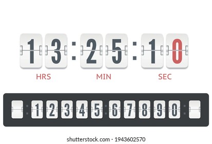 White scoreboard countdown number font with shadows isolated on white background. Vintage flip clock time counter vector template. Retro design score board clock template.