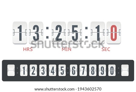 White scoreboard countdown number font with shadows isolated on white background. Vintage flip clock time counter vector template. Retro design score board clock template.