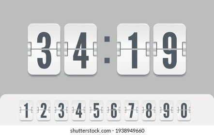 White scoreboard number font with shadows. Vector modern ui design of retro time meter with numbers. Old design score board clock template isolated on light background.