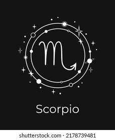 Signo de Escorpio Blanco con planetas y estrellas en fondo negro