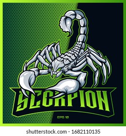 White Scorpion grab text esport and sport mascot logo design in modern illustration concept for team badge, emblem and thirst printing. Scorpion illustration on Green Background. Vector illustration