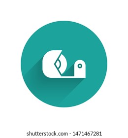 White Scotch icon isolated with long shadow. Roll of adhesive tape for work and repair. Sticky packing tape. Office tool and stuff. Green circle button. Vector Illustration