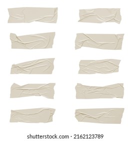 White scotch tape on white background, crumpled sticky tape, different sizes