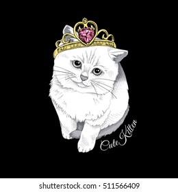 White Scottish kitten in a Princess crown on a black background. Vector illustration.